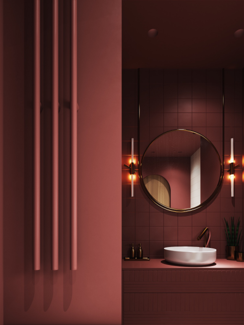 Badezimmer in Rot schönes stilvoll gestaltetes Bad in sanfter Rotnuance runder Spiegel Wandlampen rundes weißes Waschbecken