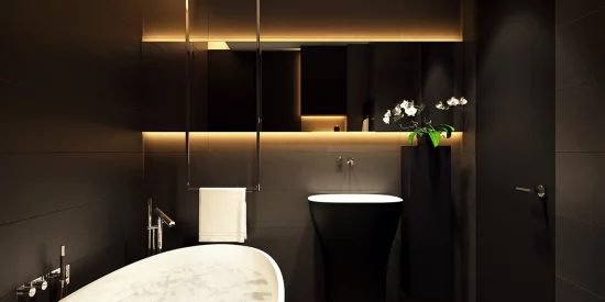 Badezimmer in Schwarz und Gold eingebautes Licht sehr trendy im modernen Baddesign