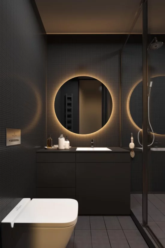 Badezimmer in Schwarz und Gold elegantes Baddesign eingebautes Spiegellicht sehr trendy