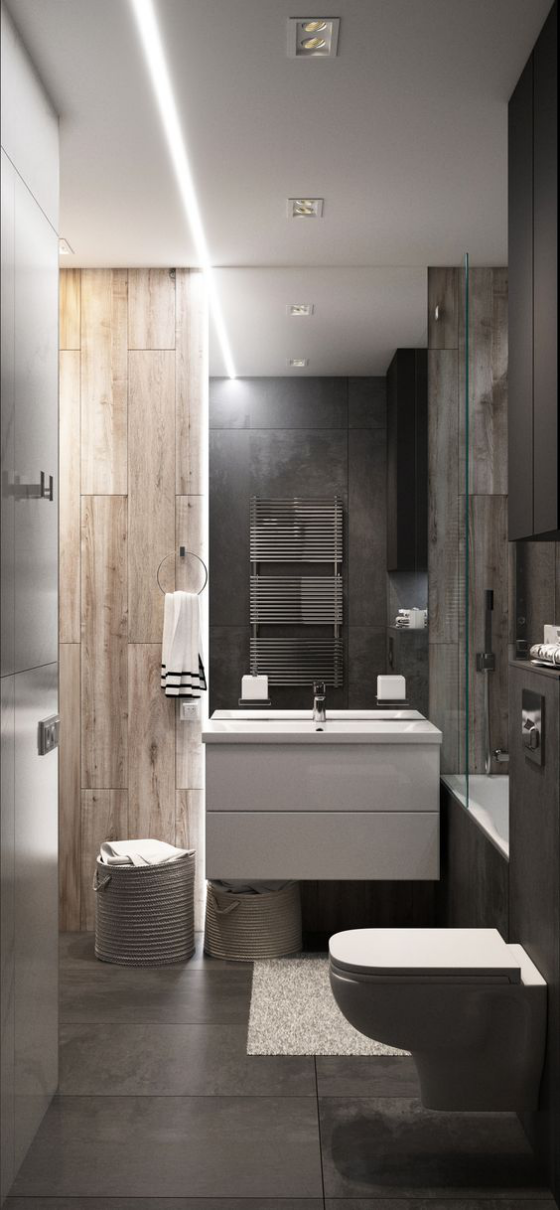 Badfliesen in Holzoptik kleines Bad eng lang WC schön gestaltet