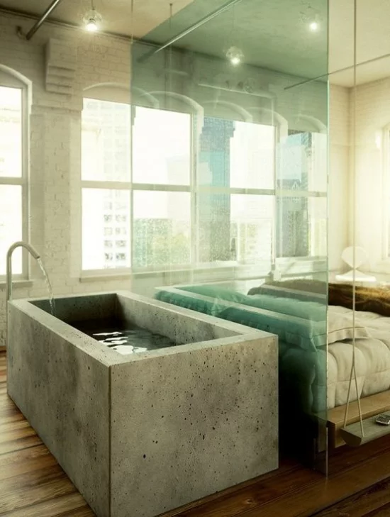 Multifunktionale Räume Schlafbett Badewanne durch Glaswand voneinander getrennt moderne Raumgestaltung