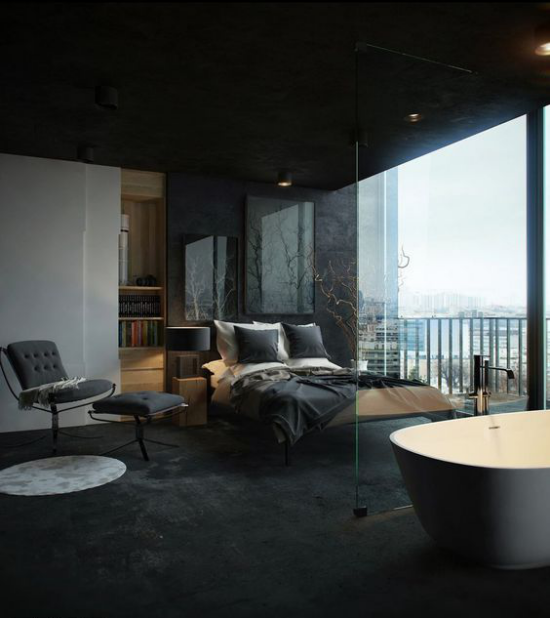 Multifunktionale Räume dunkles Schlafzimmer sehr elegant gestaltet Dunkelgrau dominiert Badewanne durch Glaswand getrennt