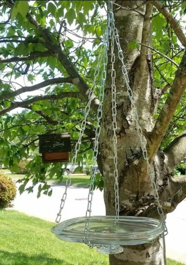 hängendes Vogelbad aus altem Glasdeckel