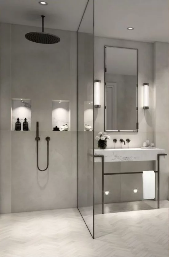 Baddesigns in Grau minimalistisches Bad richtige Beleuchtung Wandleuchten