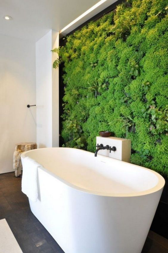Grün im Bad weiße Badewanne grüne Wand viel Frische visueller Kontrast