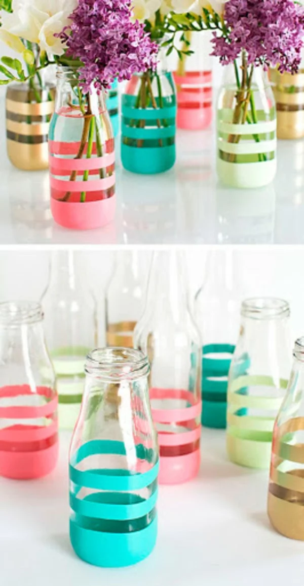 Vasen aus Glasflaschen dekoriert mit Farbe