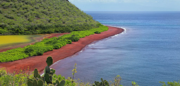 schöne Strände welweit Red Sand Beach Galapagos Naturwunder roter Sandstrand azurblaues Meer