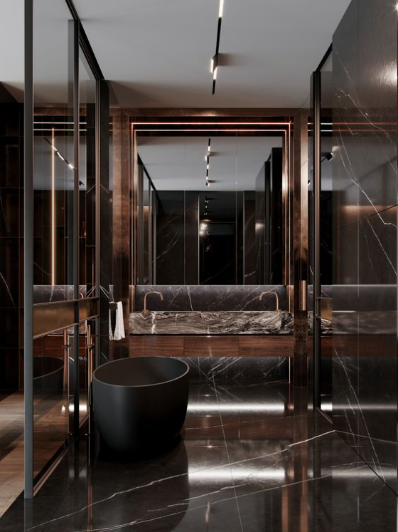 Braun modernes Badezimmer Dunkelbraun mit Schwarz kombinieren Glas Spiegel stilvolles luxuriöses Baddesign