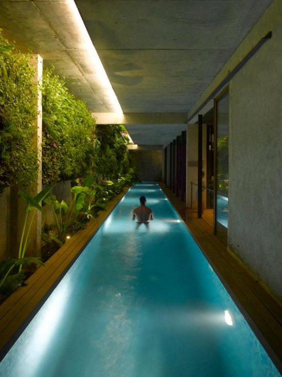 Hallenbad zu Hause längliche Form Mann im Wasser feuchtigkeitsresistente Beleuchtung viele grüne Pflanzen ein tropisches Flair