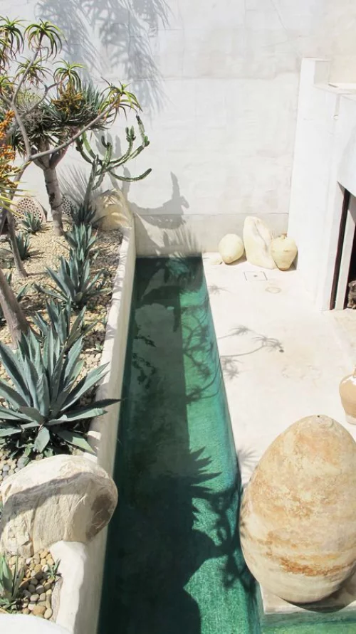 Schmale Pools auf wenig Platz für kleine Gärten ganz schmaler Pool exotische Wüstenpflanzen marokkanischer Stil ganz in Weiß