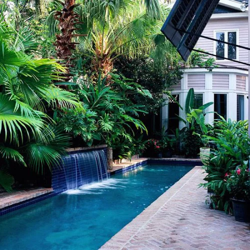 Schmale Pools auf wenig Platz für kleine Gärten üppige exotische Grünpflanzen Wasserbrunnen Umgebung attraktiv einladend