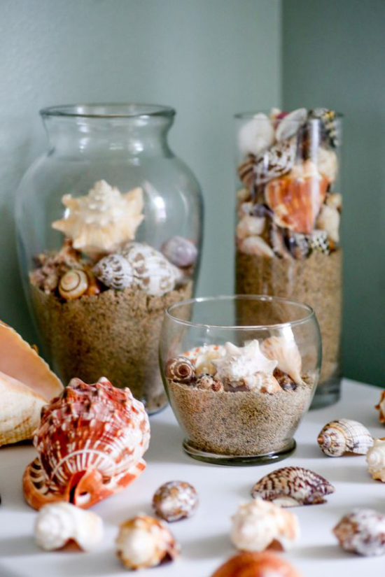 Sommerdeko mit Muscheln Glas Glasgefäße gefüllt mit Sand oder Granulat und Muscheln