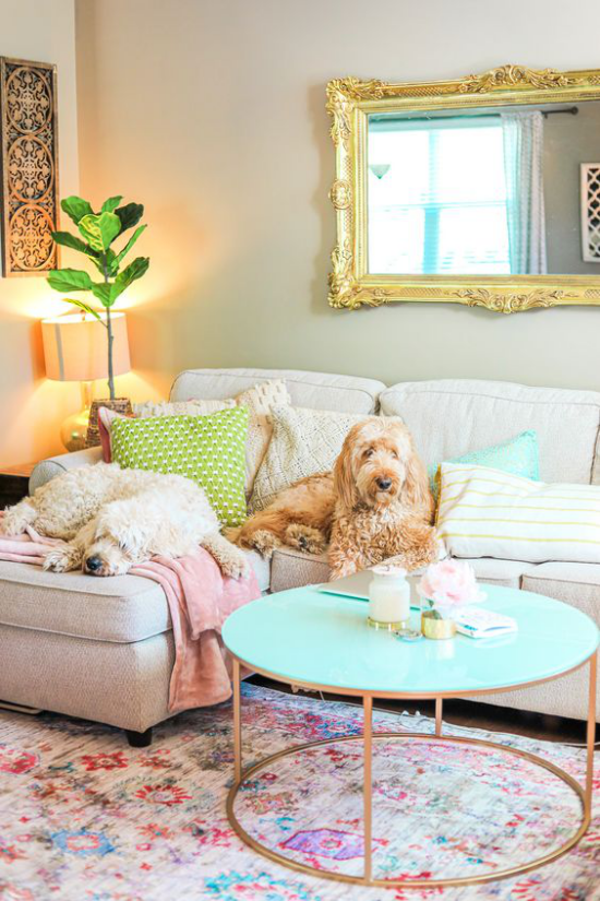 Dekoideen Wohnzimmer helles Sofa Lampe Spiegel Wurfdecken Hund grüne Topfpflanze