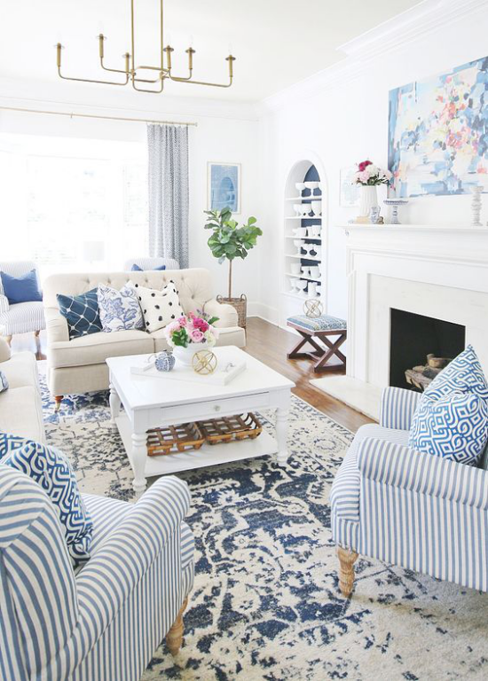 Dekoideen Wohnzimmer schönes maritines Ambiente Blau-Weiß klassisches Farbduo