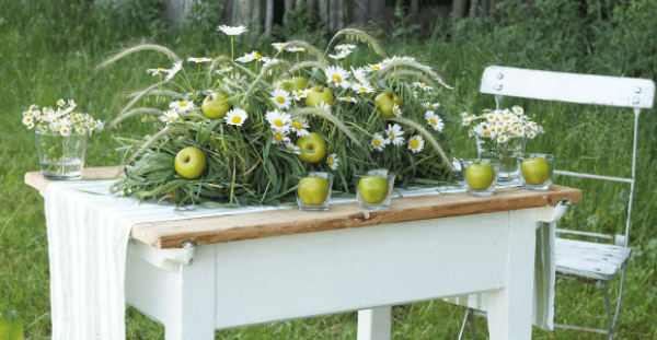 Margeriten Tischdeko draußen grüne Äpfel Gras auf einem alten Holzt