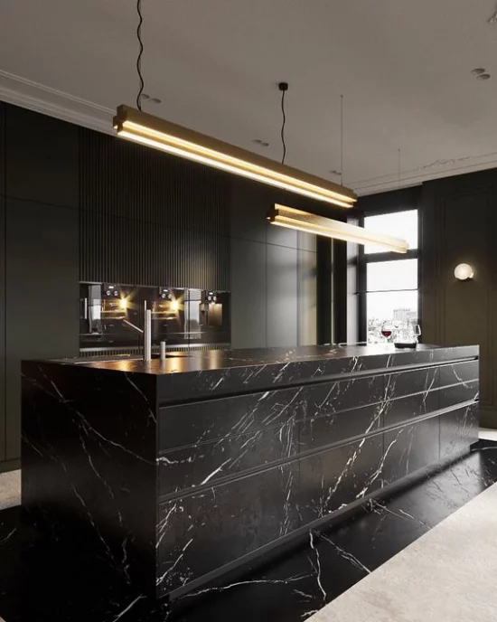 Schwarzer Marmor im Interieur moderne Küche Kücheninsel aus schwarzem Marmor