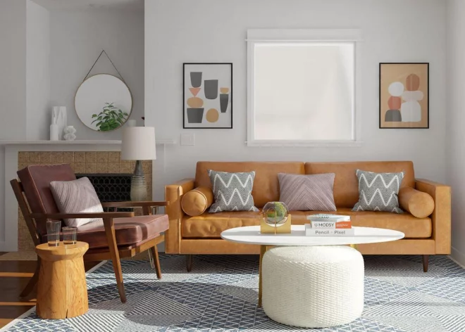 Mid-Century Modern Wohnstil bequeme Möbel warme Farben Lebensfreude ausstrahlen Sofa in Sandbraun Sessel