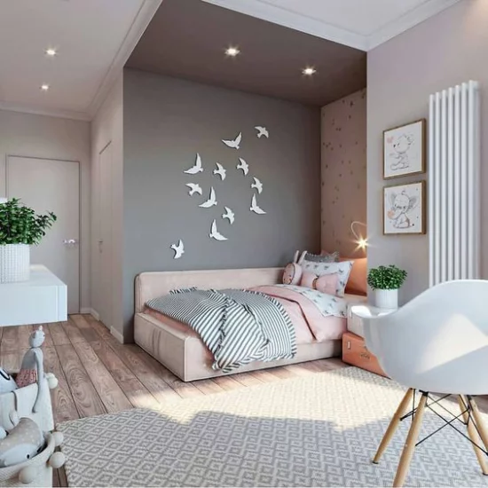 Mädchenzimmer modern und praktisch gestaltet Bett Wanddeko passende Beleuchtung ansprechendes Ambiente