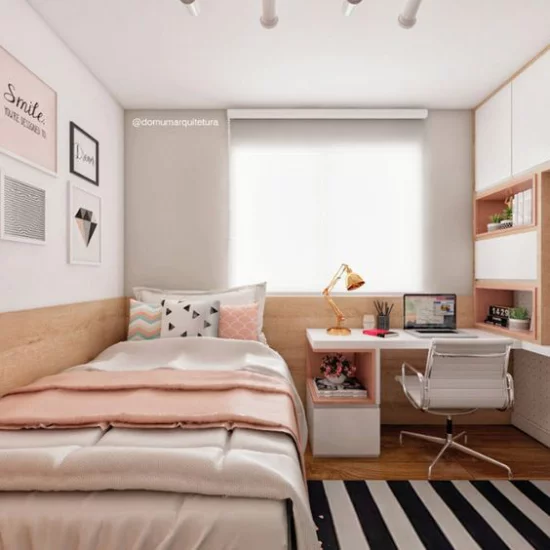 Mädchenzimmer modern und praktisch gestaltet Schlafbett Schreibtisch am Fenster Teppich rechts Schrankwand