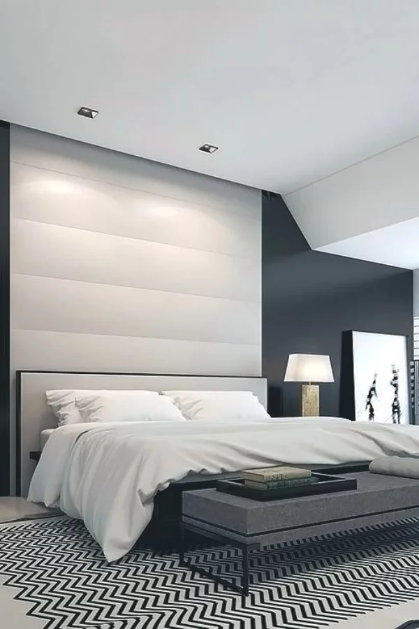 Schlafzimmer minimalistisch einrichten richtige Raumbeleuchtung eingebaute Strahler an der Decke