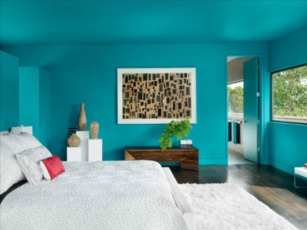 Wandgestaltung Schlafzimmer Wandfarbe Türkis