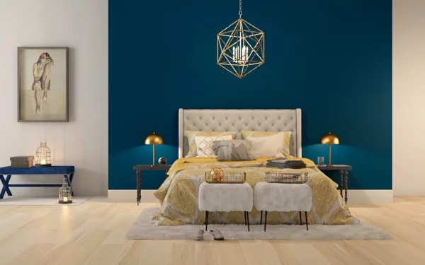 Wandgestaltung Schlafzimmer Wandfarben blaue Akzentfarbe