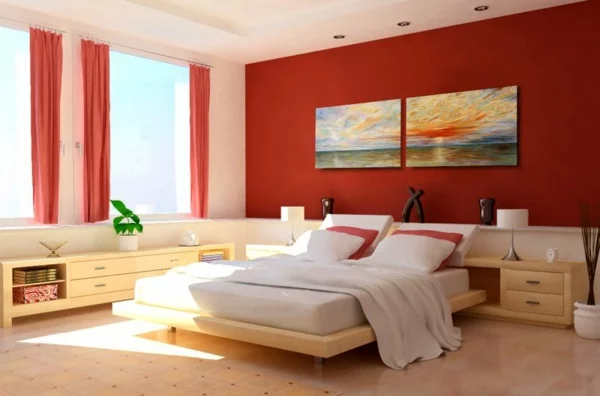 Wandgestaltung Schlafzimmer Wandfarben rot