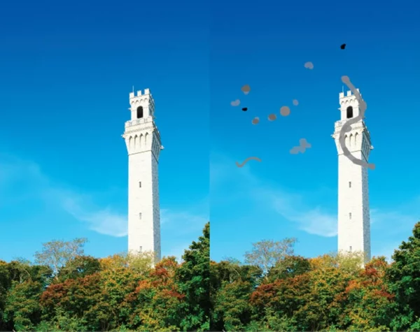 Panorama mit Turm - ohne und mit Mouches volantes 