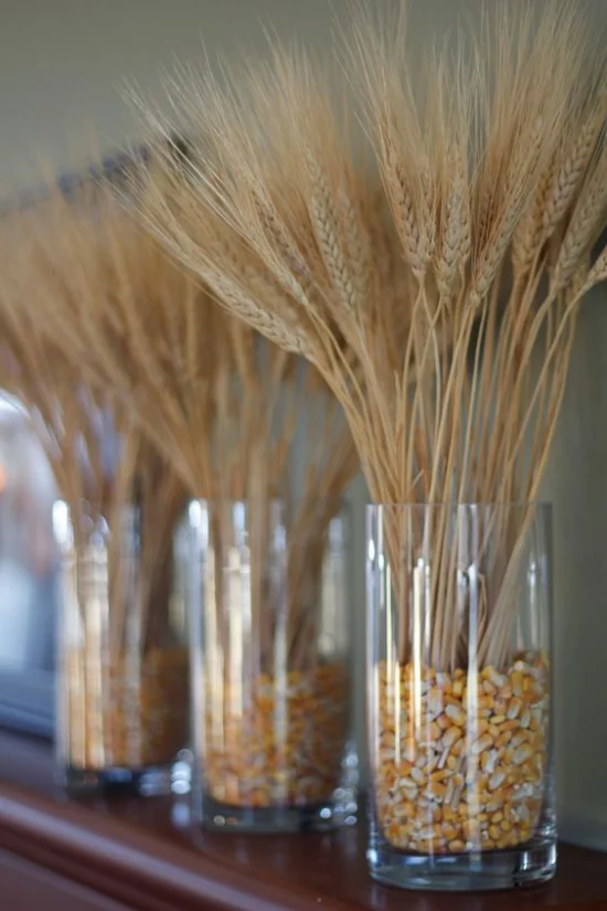 Herbstdeko mit Weizen drei Vasen aus Glas gefüllt mit Maiskörner Weizenhalme darin arrangiert auf dem Kaminsims