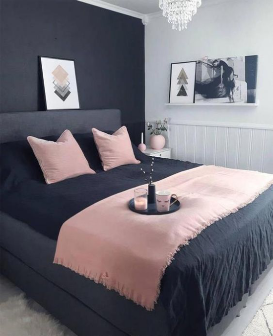 Schlafzimmer Ideen in Schwarz und Rosa Graphit und Hellgrau mit Rosa kombinieren großes bequemes Bett