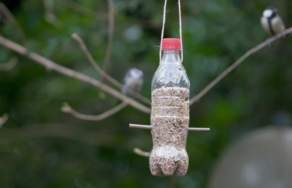 Plastikflasche mit Futter füllen aufhängen Vogelstangen anbringen ein kreatives DIY Projekt 