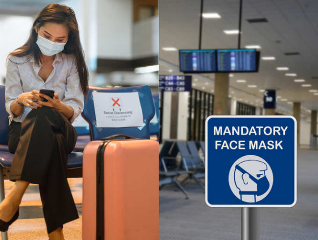 Fliegen während Corona am Flughafen eine Mundschutzmaske tragen die Regeln einhalten