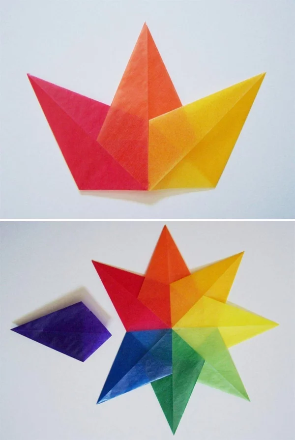 Faltsterne basteln Papierstern Schritt für Schritt Anleitung basteln mit Kindern einzelne Elemente zusammenkleben 