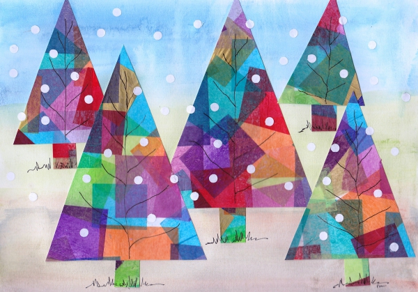 Winterlandschaft basteln – weihnachtliche Ideen, fantastisch einfache Anleitungen und Tipps drachenpapier bunt glasmalerei bäume