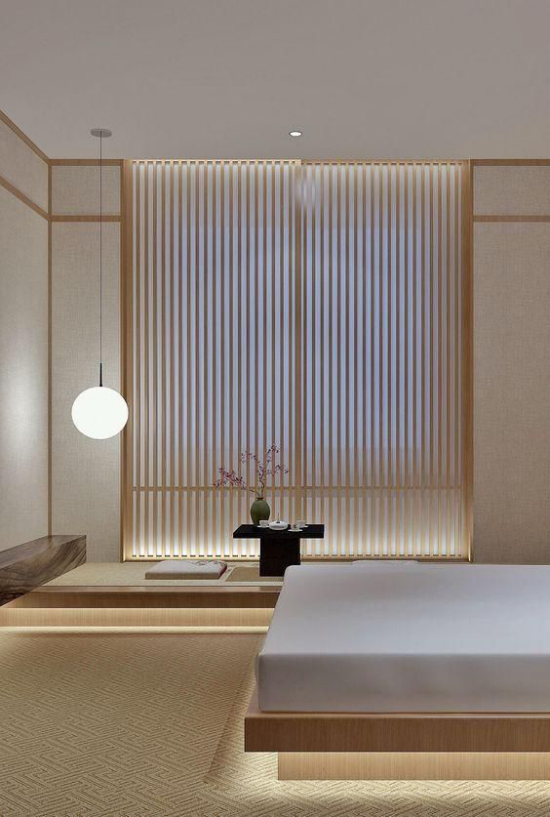 Zen Schlafzimmer ausgewogene Raumatmosphäre Ruhe minimalistische Raumgestaltung abgedunkeltes Fenster eine Hängeleuchte