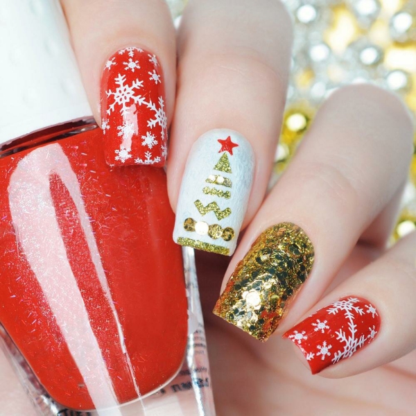 Gelnägel zu Weihnachten – hübsche Ideen und aktuelle Farbtrends rot weiß gold glitzer