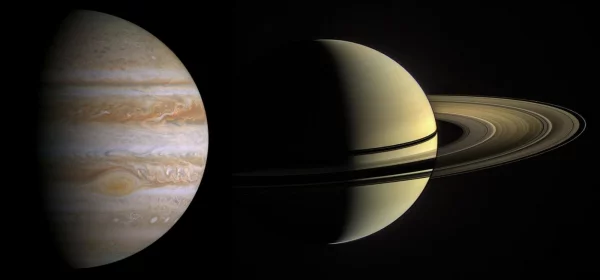 Konjunktion von Jupiter und Saturn beide Planeten stehen sehr nah aussehen wie ein Doppelplanet