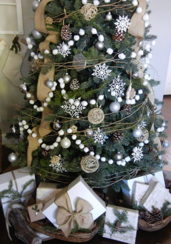 Schneebälle Winterdekoration Girlanden Schneeflocken Weihnachtskugeln toll geschmückter Christbaum