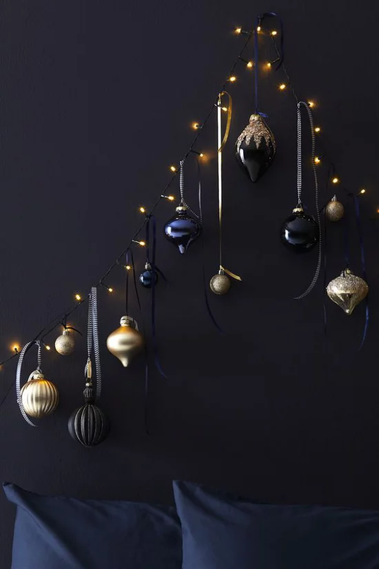 Weihnachtsdeko in Gold und Schwarz kleine Deko Artikel in Gold großer dekorativer Effekt auf schwarzem Hintergrund