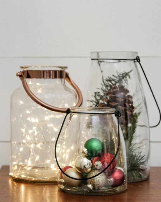 puristische weihnachtsdeko gläser lichterkette zapfen