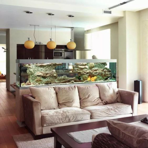 Aquarium zu Hause großes Becken Raumteiler zwischen Wohnbereich und Küche von allen Seiten leicht zugänglich