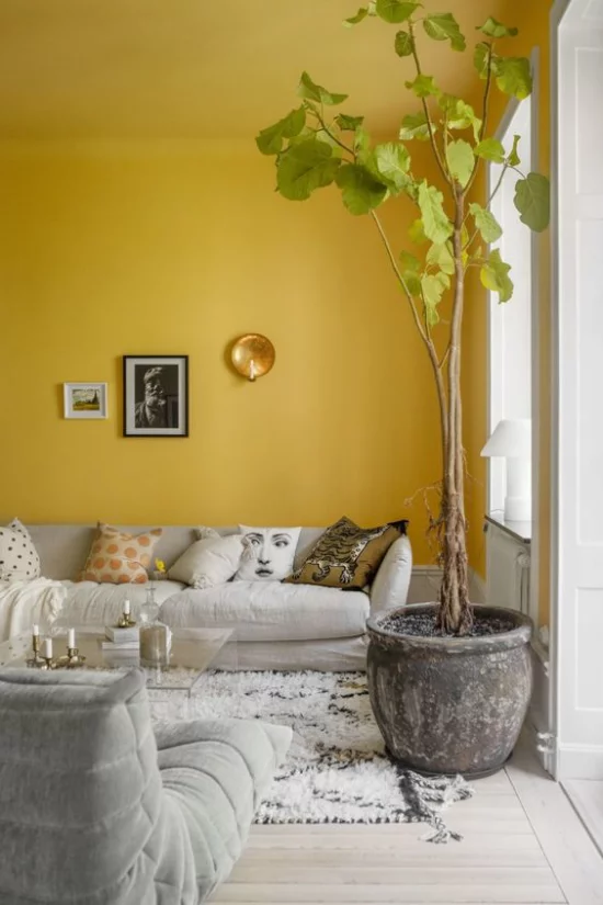 Trendfarben 2021 im Interieur Akzentwand im leuchtendem Gelb schickes Wohnzimmer hohe Zimmerpflanze