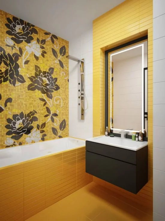 Trendfarben 2021 im Interieur modernes Badezimmer in leuchtendem Gelb sehr schick