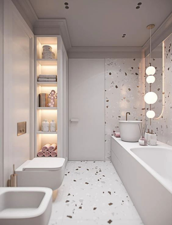 Badezimmer Trends 2021 Terrazzoboden Akzentwand bringen mehr Farbe und Schwung ins weiße Bad