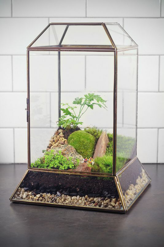 Minigarten im Glas alte Laterne einfache Materialien Steine Substrat Moos viel Grün schöner Blickfang