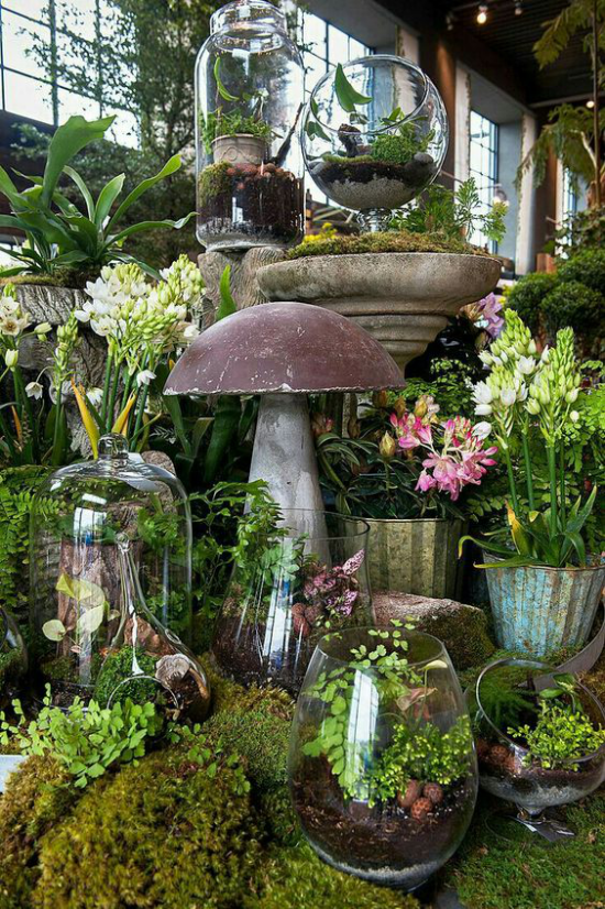Minigarten im Glas ganze Landschaft dekoratives Element Pilz viel Moos grüne Zimmerpflanzen
