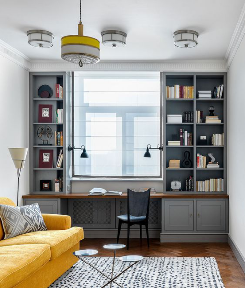 gelbe Akzente im Home Office Büro Inspiration bequeme gelbe Couch warme Ausstrahlung sehr ansprechendes Ambiente