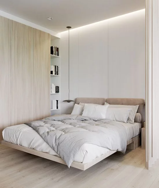 kleines Schlafzimmer optisch erweitern helles Ambiente deckenhohe eingebaute Kleiderschränke gute Staumöglichkeit