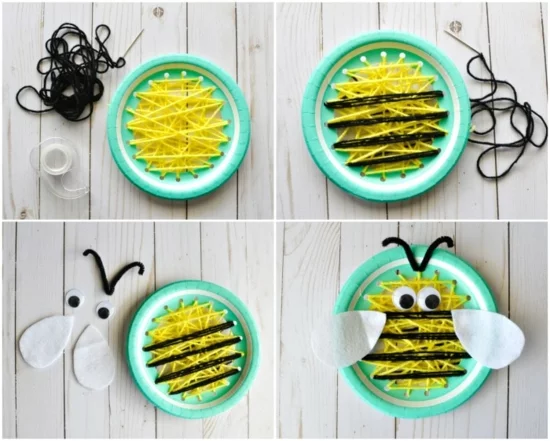 String Art Biene basteln mit Plastikteller und Garn