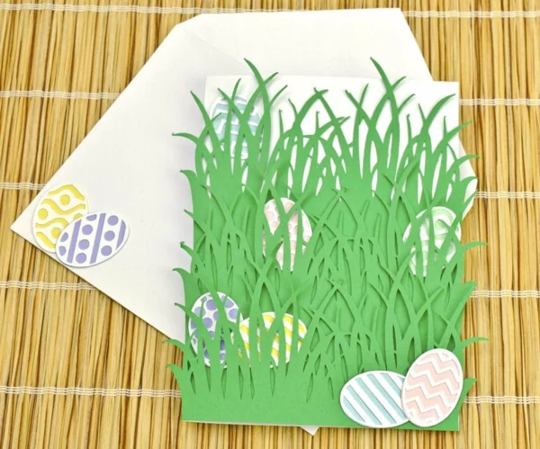 Osterkarten basteln Grusskarte Gras selber machen Basteln mit Kindern